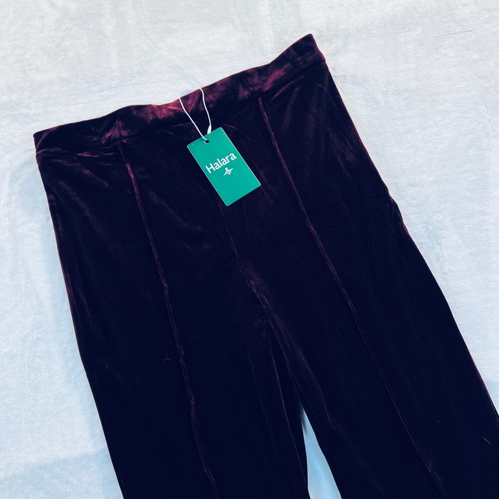 Halara Burgundy Velvet Flare Pants High Waisted Wide Leg Trousers Large NWT